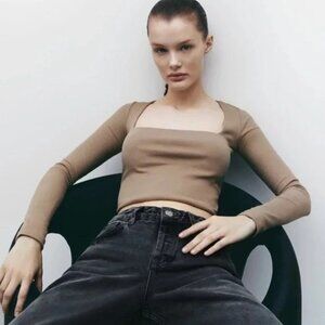 ZARA Beige Tan Ribbed Square Neck Long Sleeve Top
